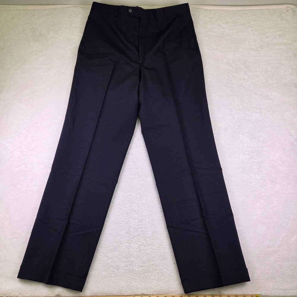 Lands End Mens 38 Long Navy Blue 100% Wool Flat Front Cuffed Dress Trousers